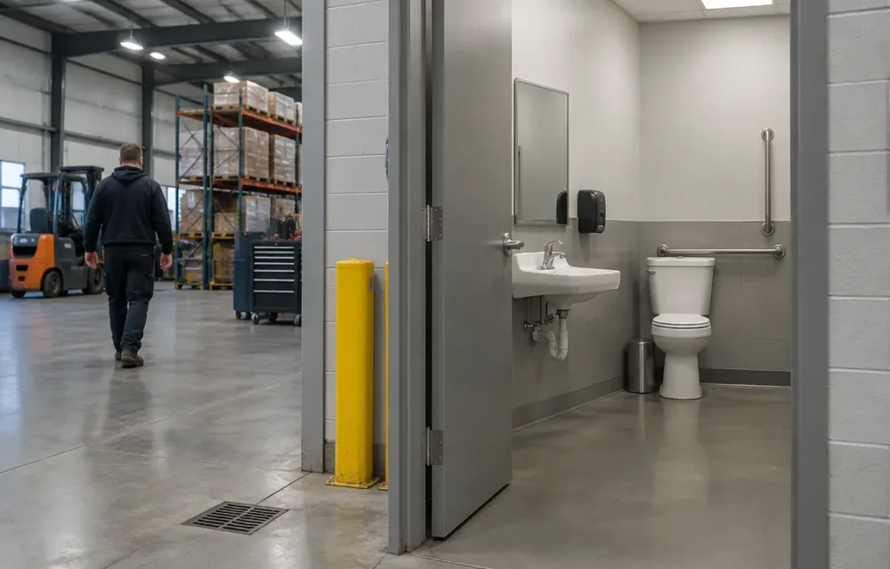 Warehouse restroom and floor drain area in Chelmsford