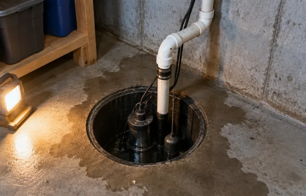 Sump pit with pump and float switch in Chelmsford basement during rain review