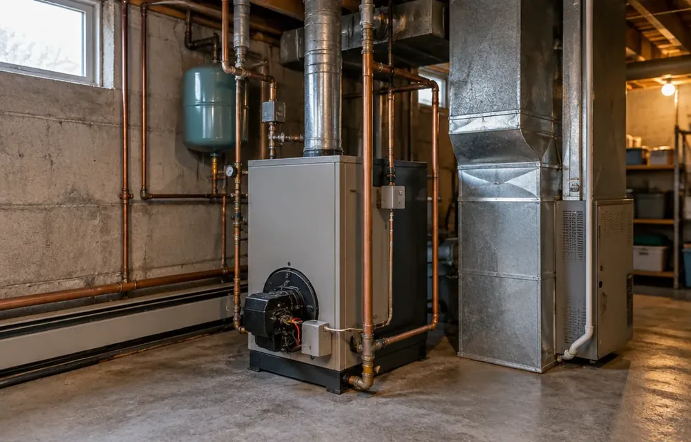Boiler with baseboard piping beside ducted furnace in a basement