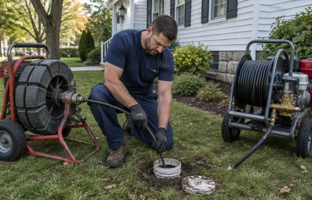 Plumber comparing cable and jetting gear at a Chelmsford cleanout