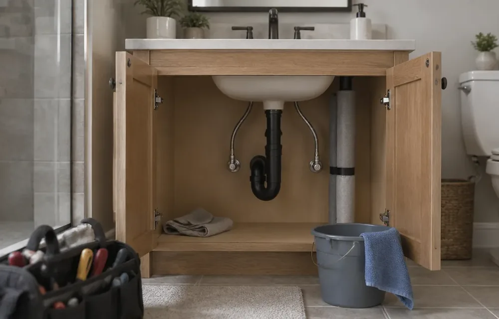 Open vanity on exterior wall showing insulated supply lines during cold snap prep