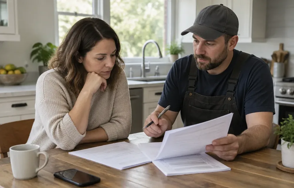 Homeowner reviewing a written plumbing proposal and permit checklist at a kitchen table