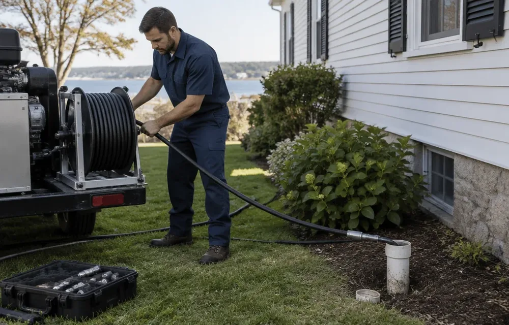 Plumber staging jetter hose at a Chelmsford cleanout before scouring