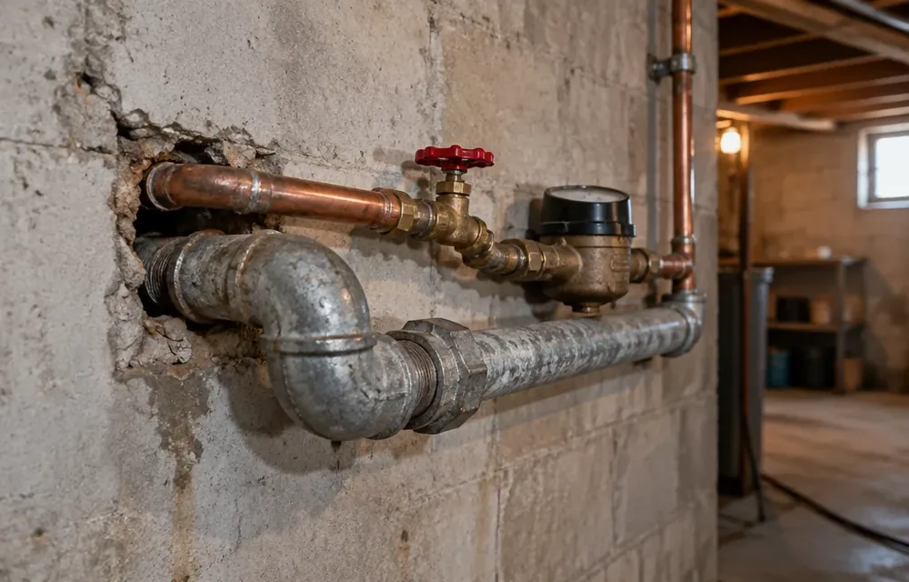 Copper and old galvanized service lines where water enters a Chelmsford basement