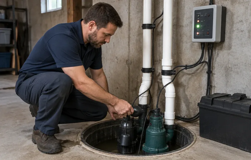 Sump pit with primary and battery backup pumps and control panel in a Chelmsford basement
