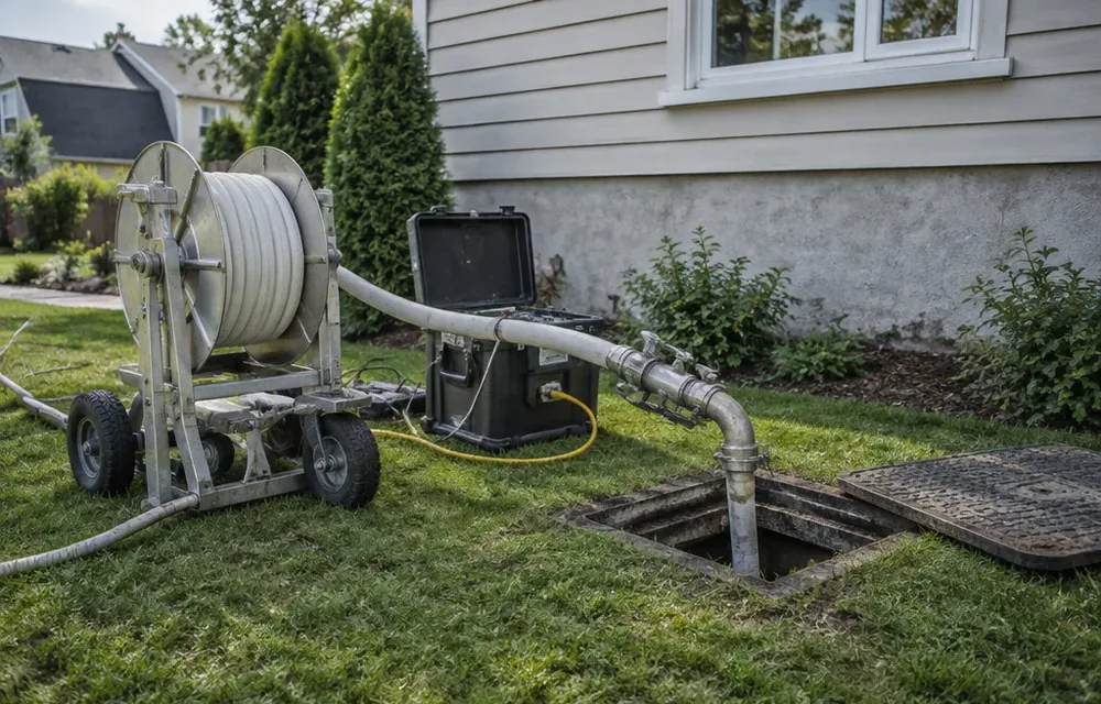 Trenchless liner setup at a small access pit in a Chelmsford yard