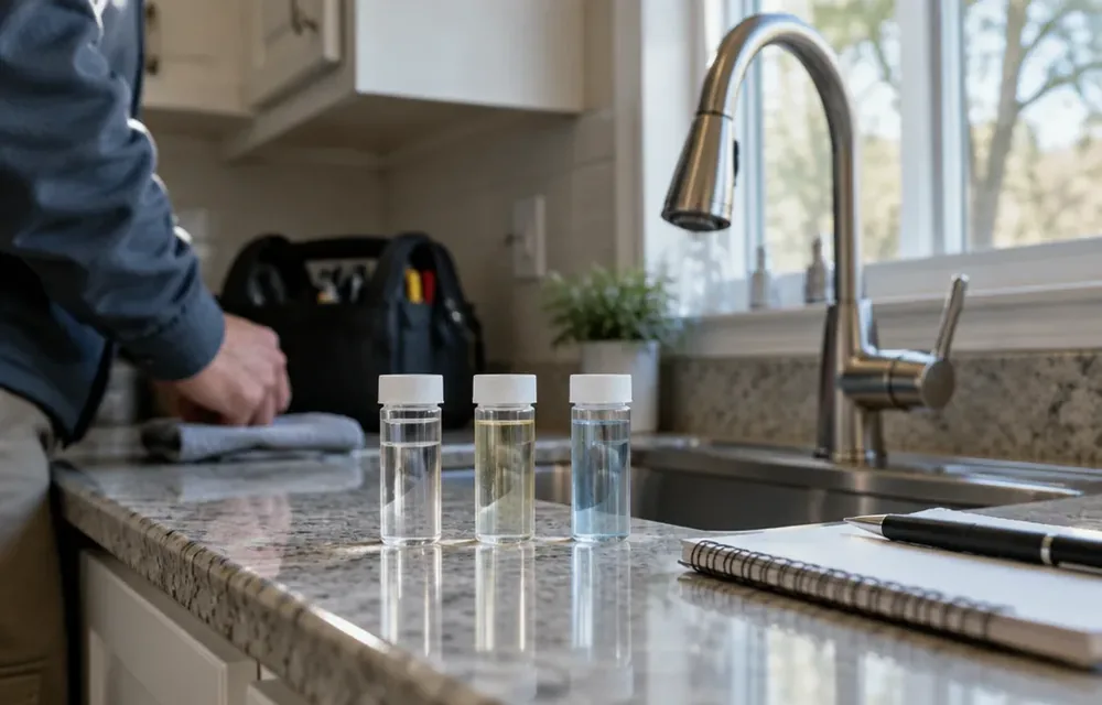 Lab-style water test vials beside a Chelmsford kitchen faucet