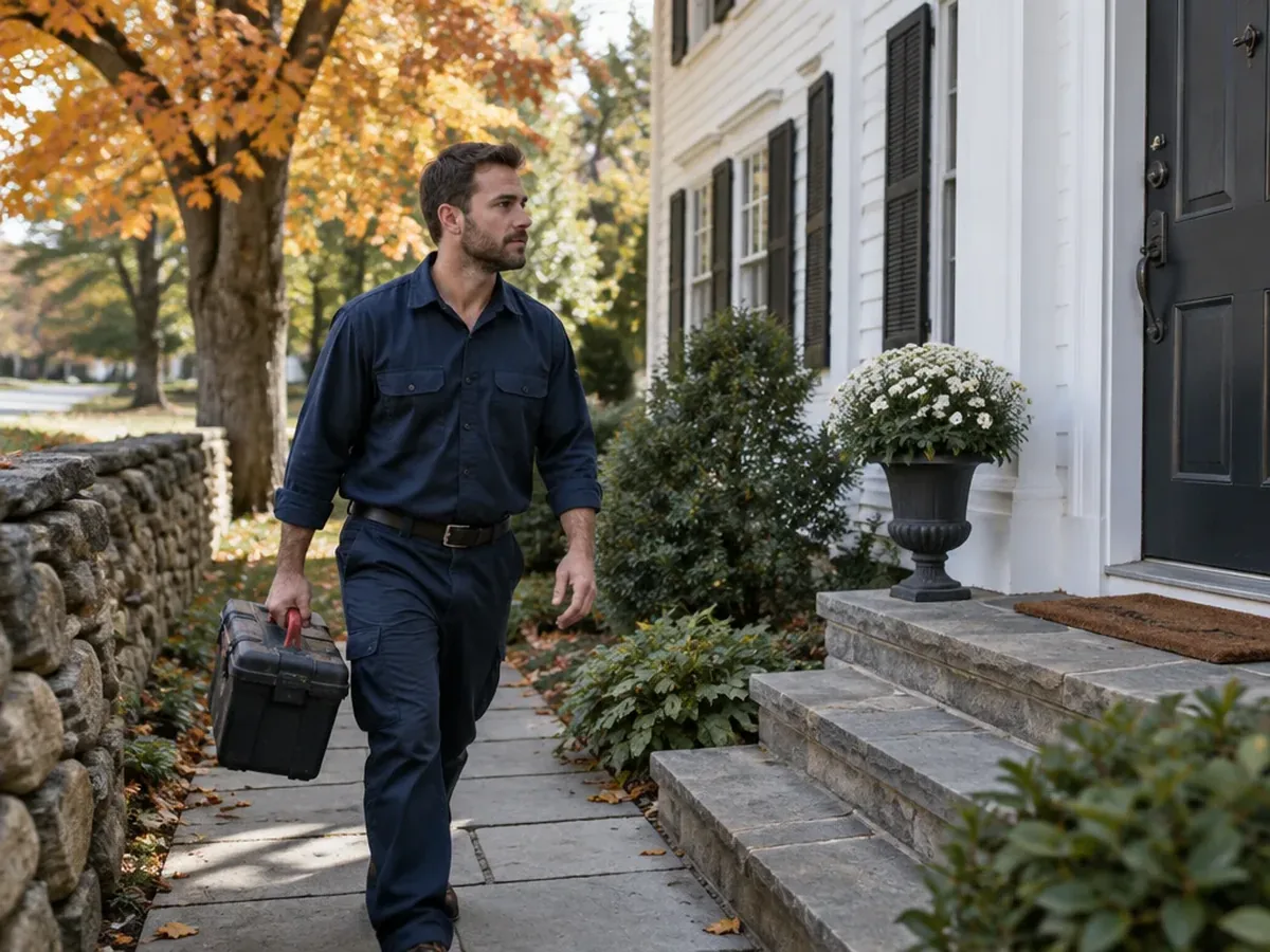 Plumber carrying tools toward a Chelmsford colonial home