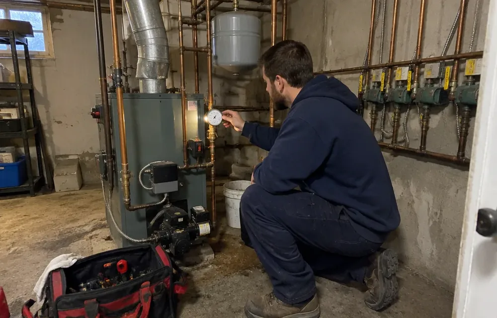 Plumber checking pressure gauge on a basement boiler in Chelmsford