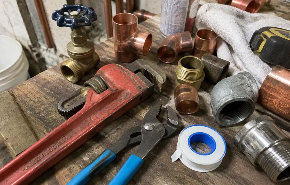 Close-up detail of emergency plumber parts and tools