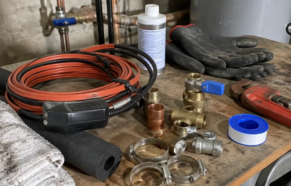 Close-up detail of frozen pipe prevention and thawing parts and tools