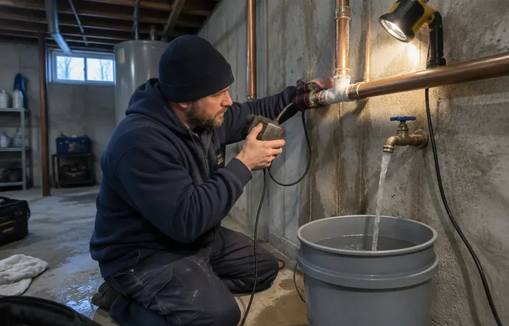 Plumber thawing an exposed basement pipe with controlled heat in winter