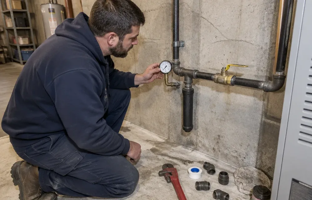 Plumber pressure testing a new black iron gas branch in a basement