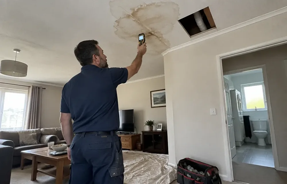 Plumber using a moisture meter on a stained ceiling below a bathroom