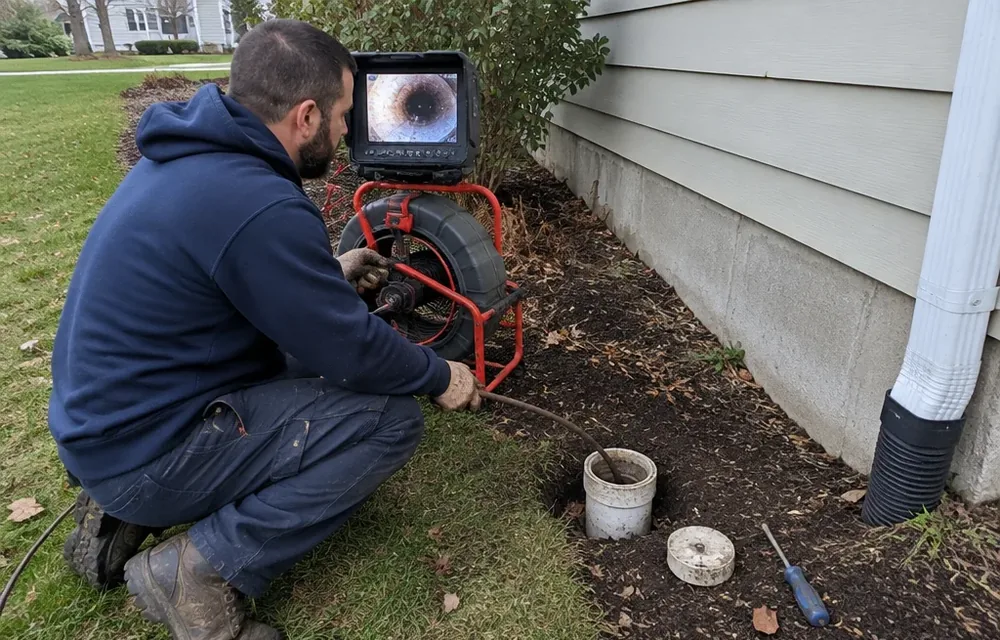 Plumber camera inspecting a sewer cleanout beside a Chelmsford home