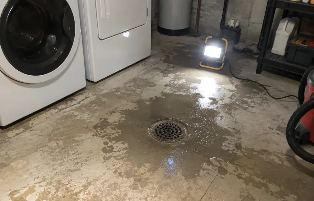 Basement floor drain with backup water near a laundry area in Chelmsford