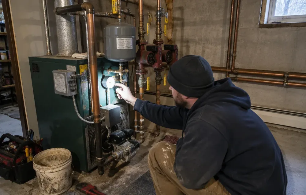 Boiler pressure gauge and zone valves checked during no-heat visit