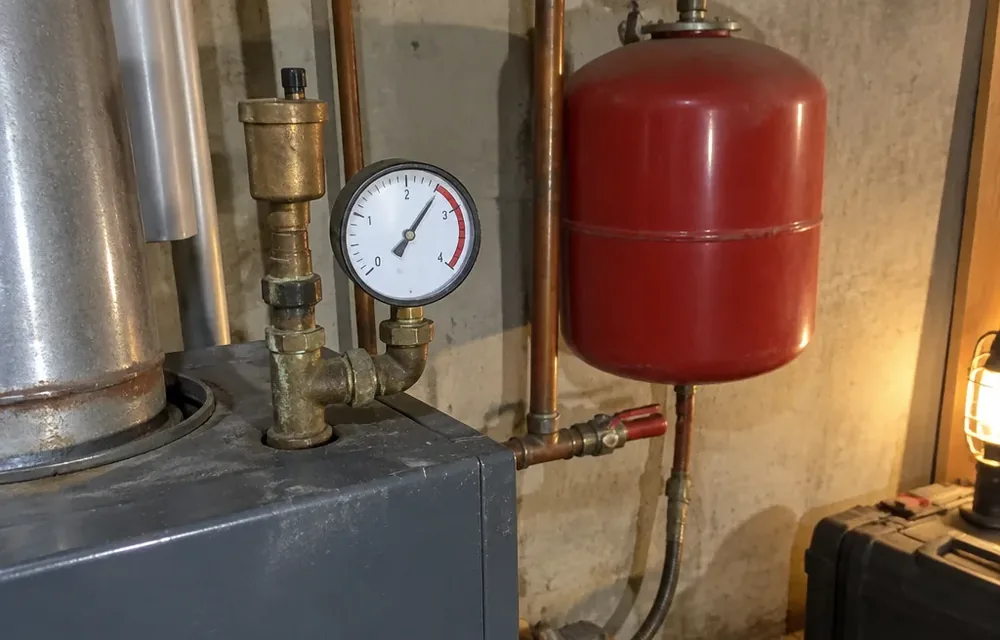 Boiler pressure gauge reading high beside expansion tank in Chelmsford basement