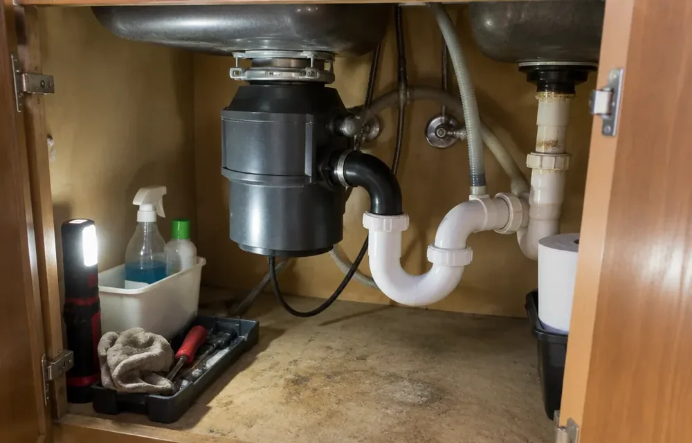 Kitchen sink with garbage disposal and reset button visible in Chelmsford