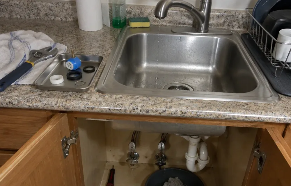 Kitchen faucet dripping into sink with cartridge parts checked