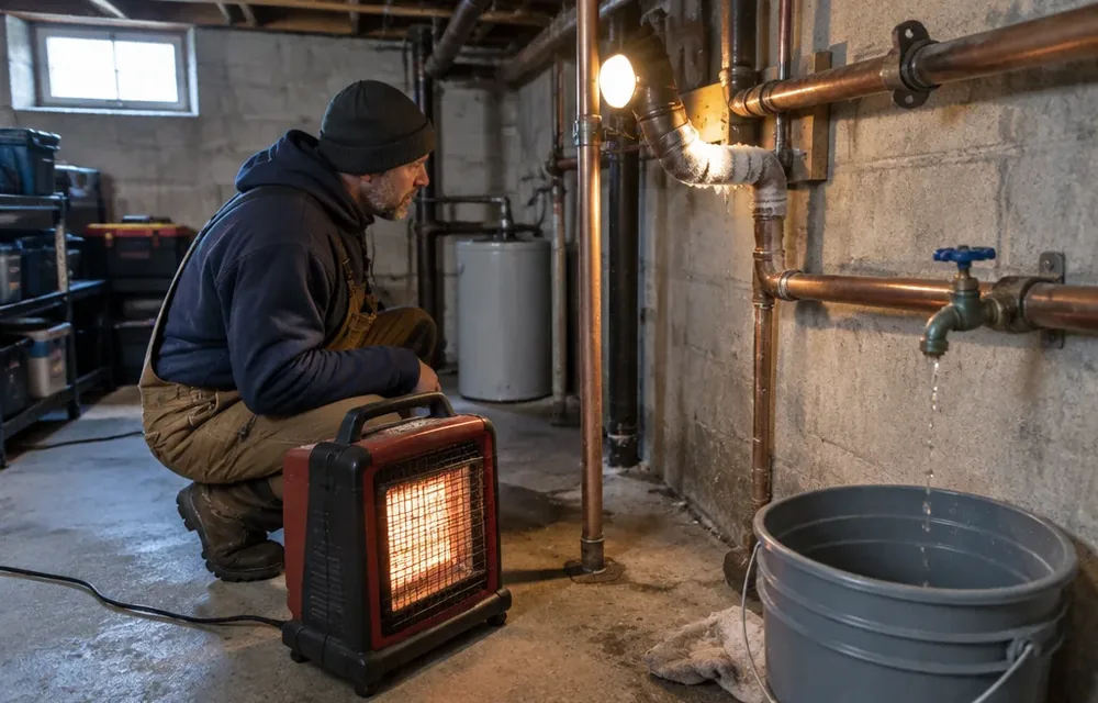 Frost on exposed basement pipe with safe thaw check underway