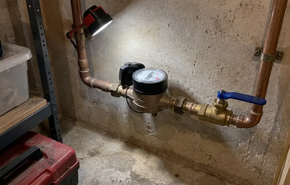 Water meter and supply shutoff with copper lines in Chelmsford basement