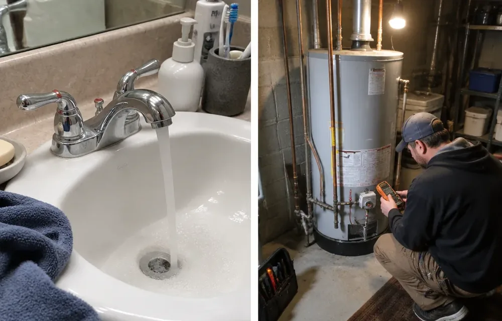 Cold bathroom tap with no hot water and heater check in basement