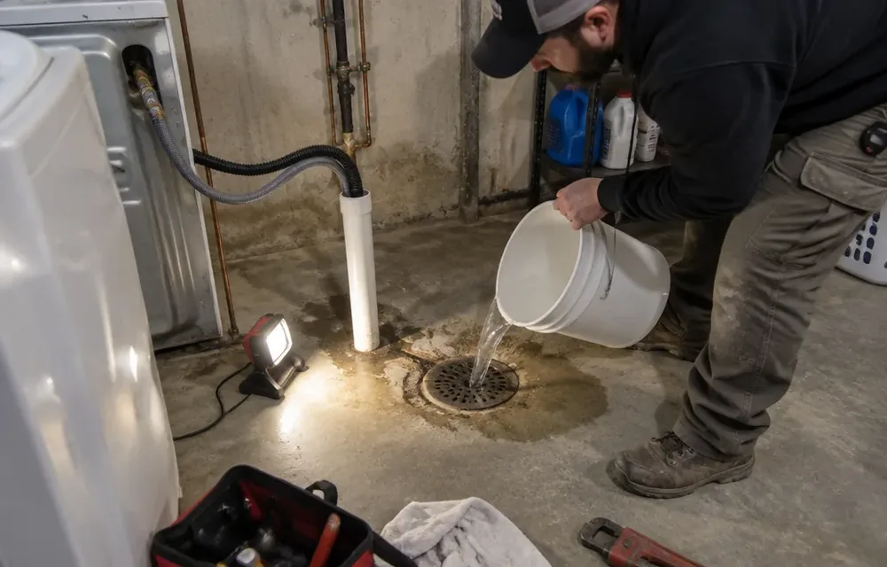 Floor drain and laundry standpipe area with odor traced in basement