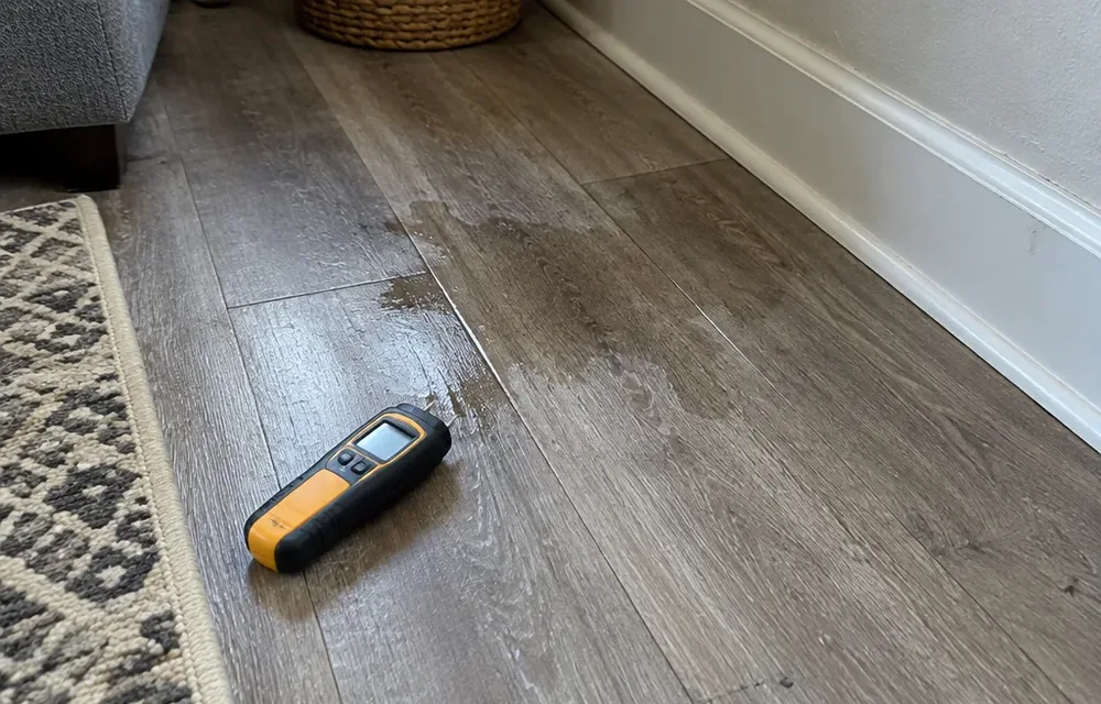 Warm damp floor area with moisture meter in Chelmsford living room