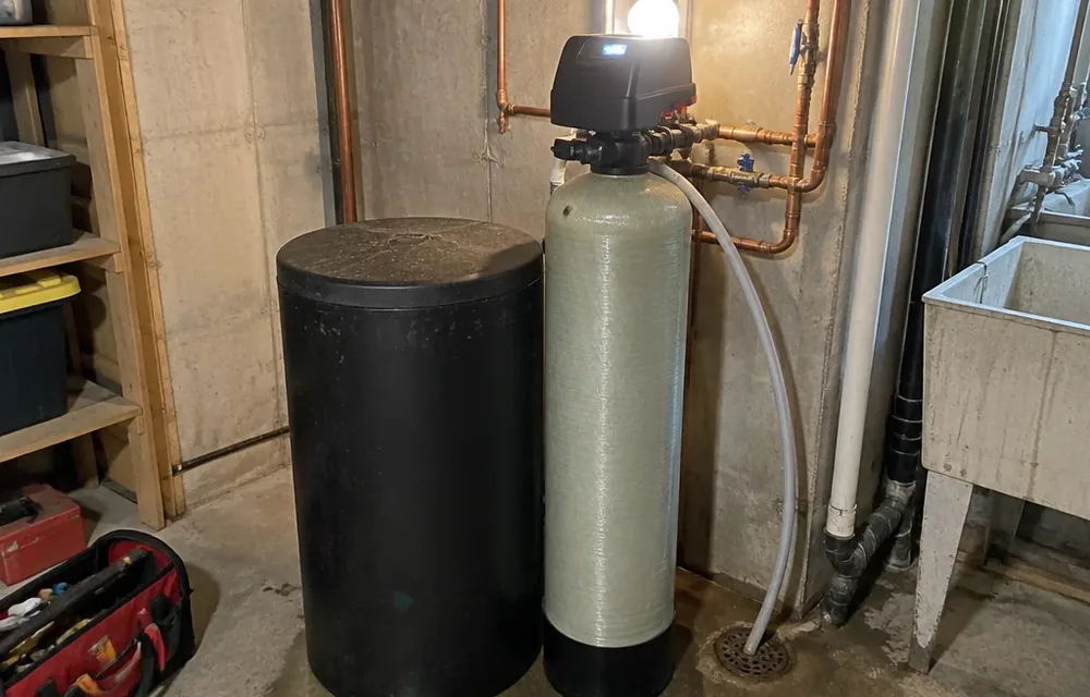 Water softener with salt tank and control valve in Chelmsford basement