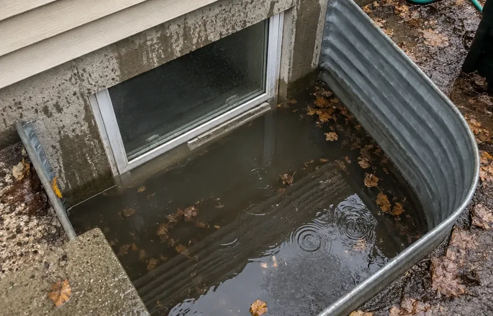 Flooded window well and wet basement wall during Chelmsford storm