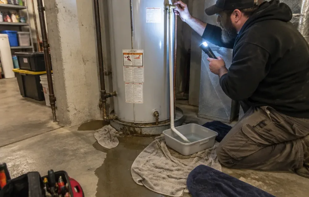 Water pooling at base of basement water heater with valves checked