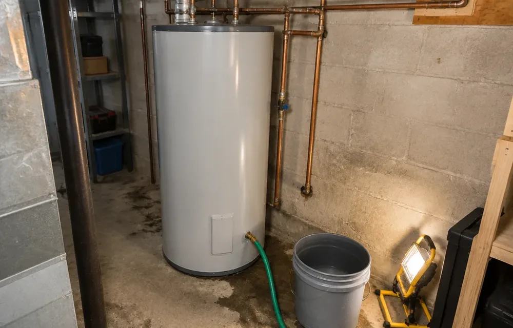 Rumbling water heater with sediment drain hose in a Chelmsford basement