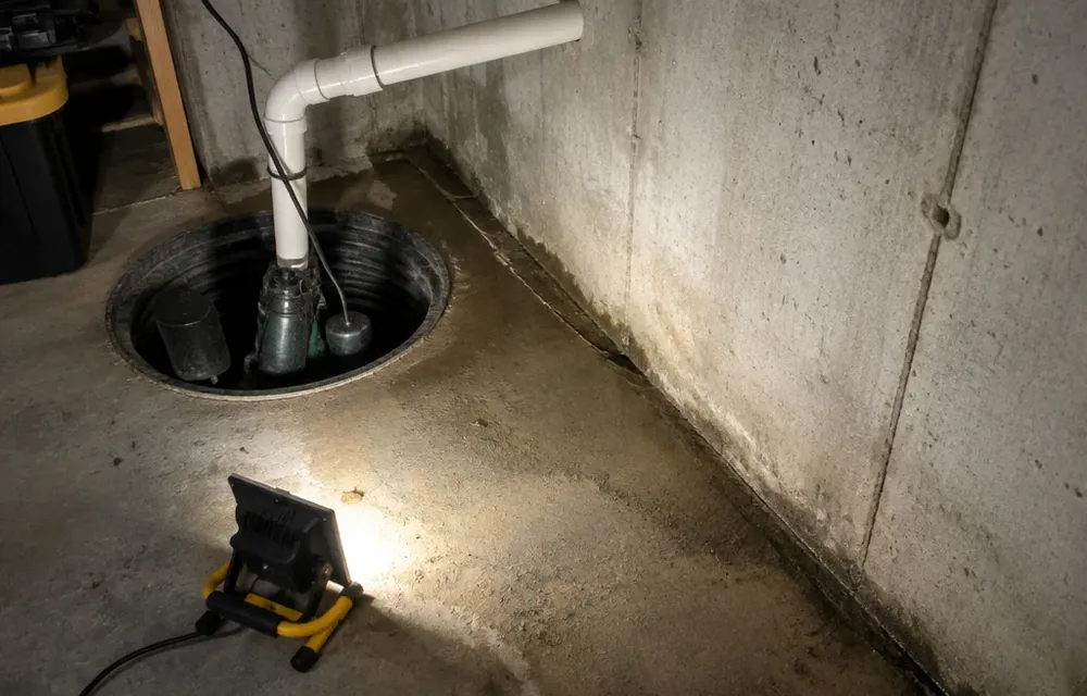 Damp basement wall and floor joint with sump pit nearby in Chelmsford